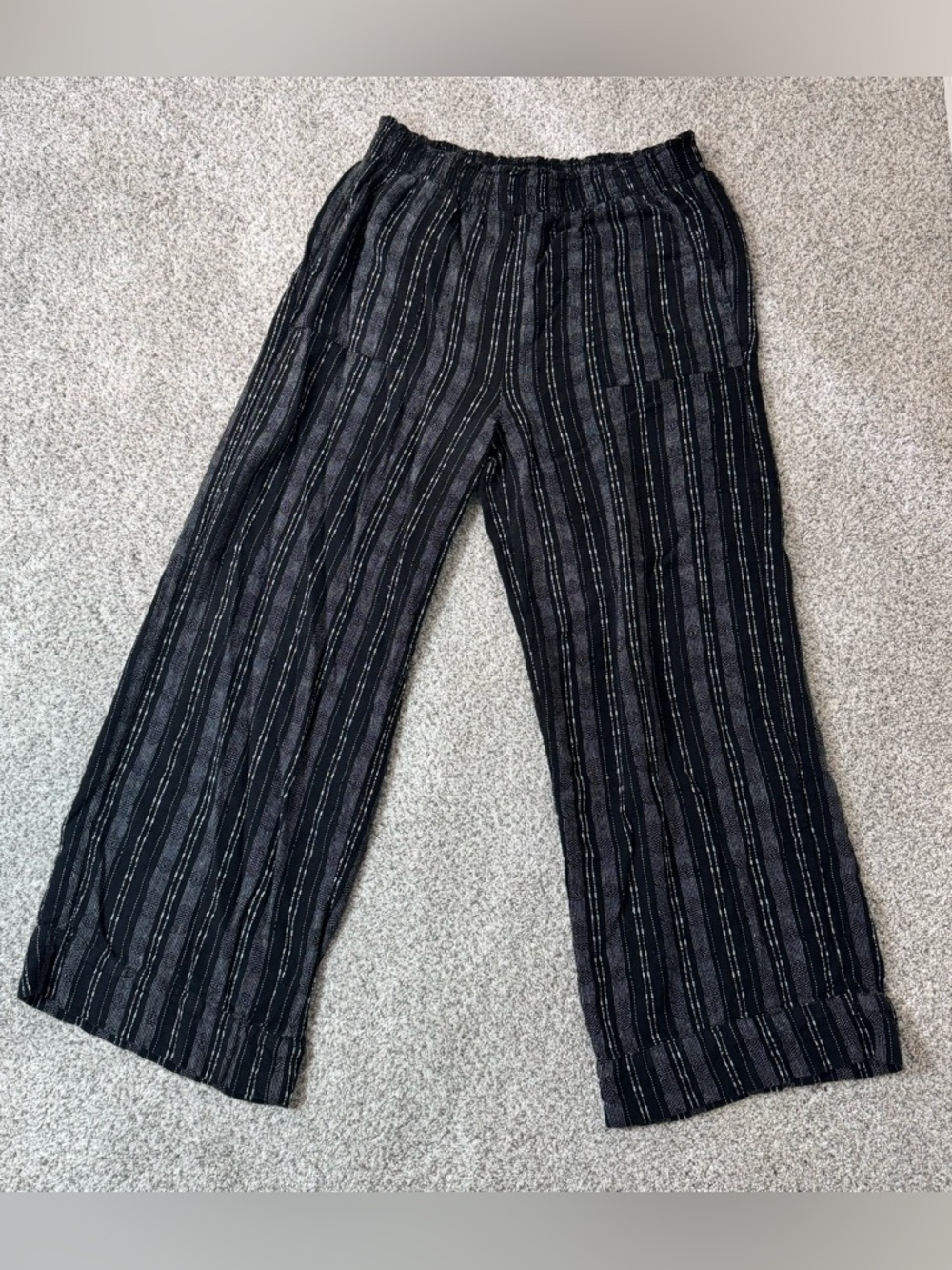 Linen Blend Boho Palazzo Pants Wide Leg Striped Flowy Trousers M (8-10) Black - Picture 3 of 12